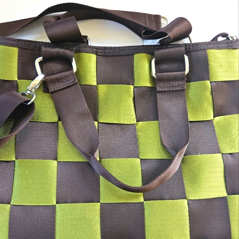 Nylon Brown and Green Basket Weave Shoulder Bag Heavy Duty - Picture 3 of 9
